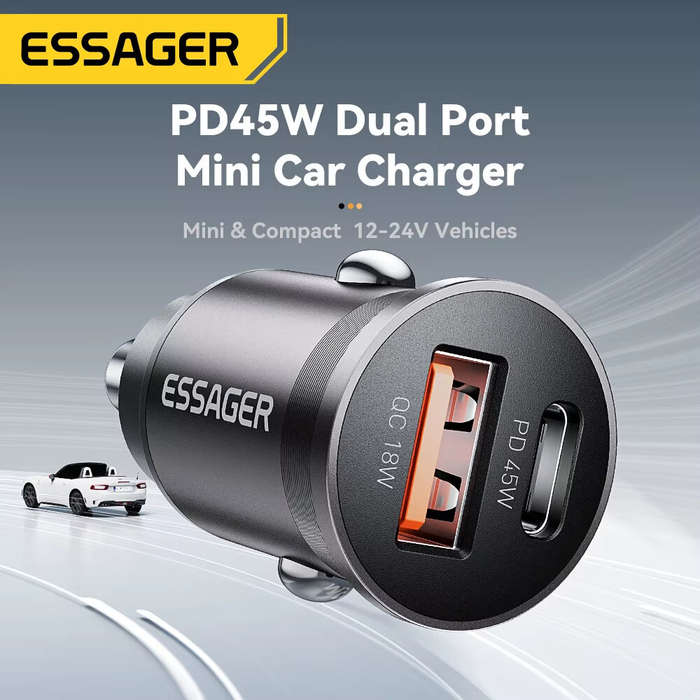 Black - ESSAGER ES-CC15 45W 2-Port USB PD Car Charger Adapter USB-A+USB-C PD3.0 QC3.0 Support AFC FC