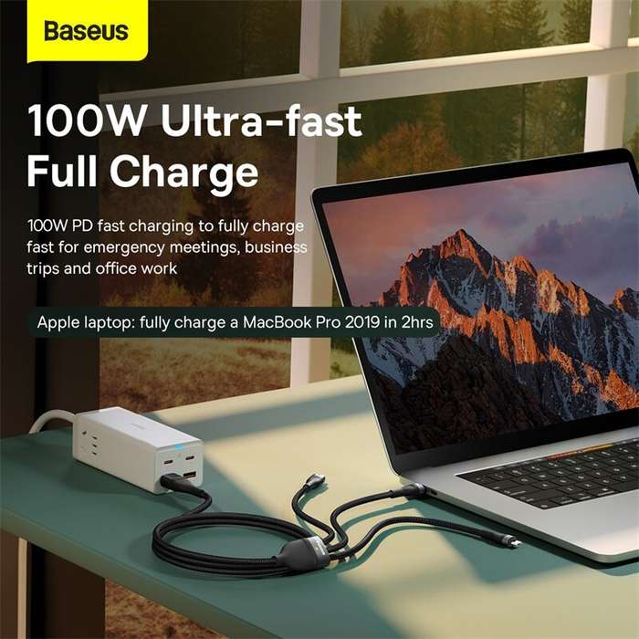 Black - Baseus Flash Series II 100W USB-A/Type-C to Micro/iP/Type-C Cable PD QC Fast Charging Data T