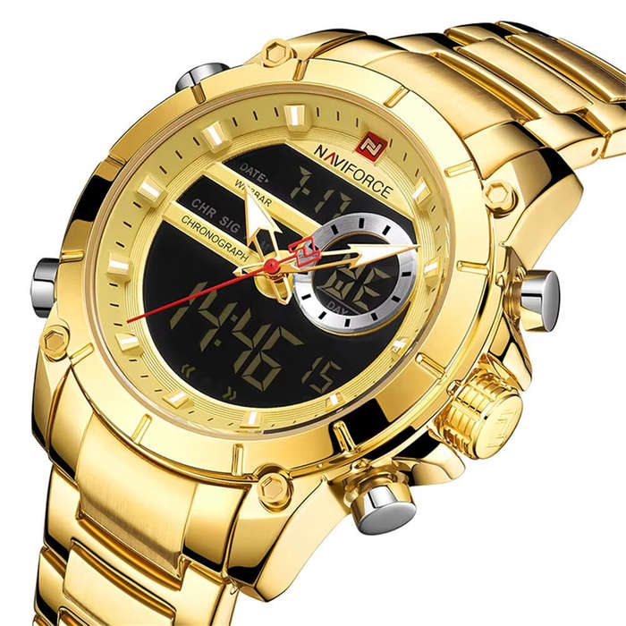 Gold - NAVIFORCE Luxury Men's Quartz Watch Dual Display Waterproof Sports Wristwatch Luminous Design
