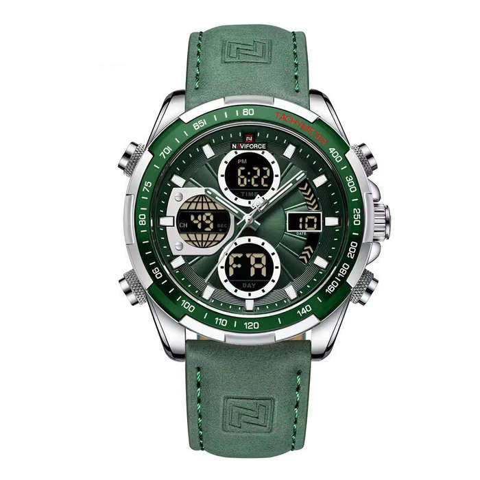 Green - NAVIFORCE Men Multifunctional Quartz Watch Fashion Genuine Leather Strap Sports Watch Exquis