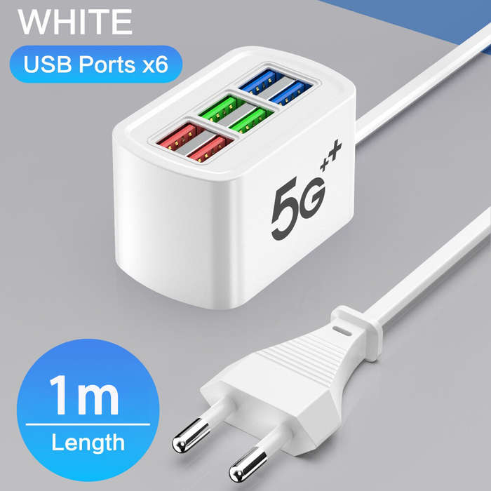 EU Plug - 10A 220V 6-Port USB PD Charger Power Strip Fast Charging Desktop Charging Station EU Plug