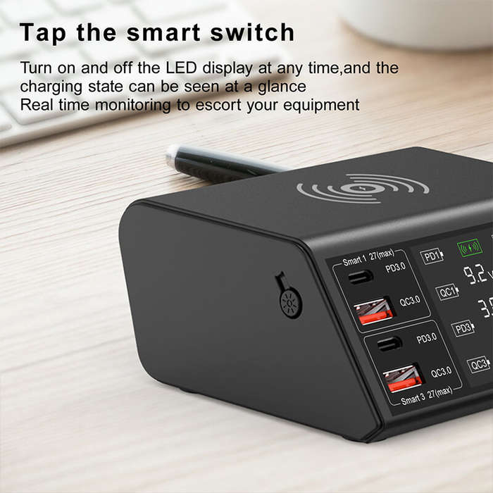 EU Plug - 100W 8-Port USB PD Charger 4USB-A QC3.0+4USB-C PD3.0 Fast Charging Desktop Charging Statio