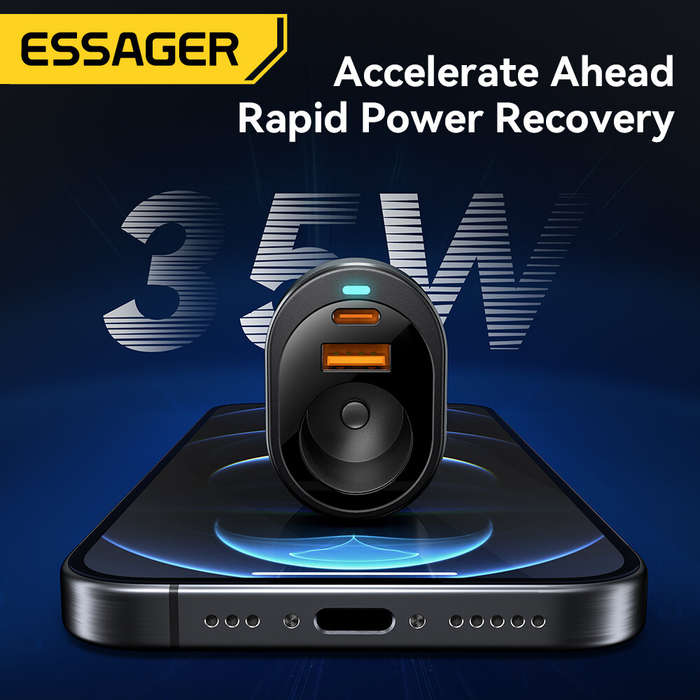 ESSAGER F755 120W 3-Port USB PD Car Charger Adapter USB-A+Type-C+85W Expansion Port Support QC3.0 PD
