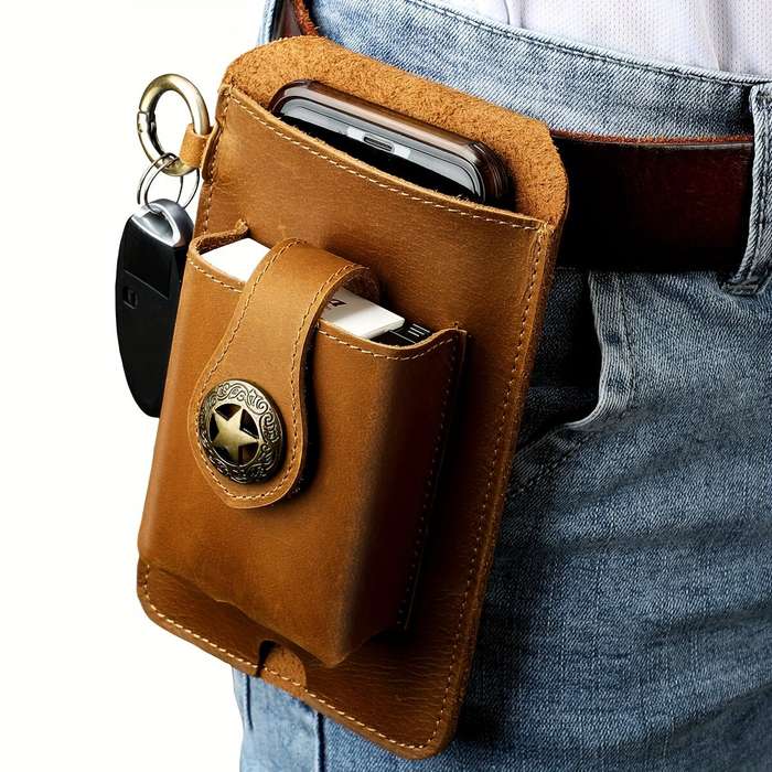 Black - Ekphero Men's Vintage Genuine Leather Belt Bag, Multifunctional Waist Bag with Key Hook, Mob