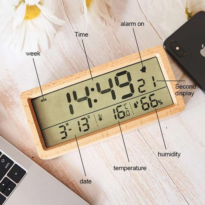 #A - LED Wooden Digital Alarm Clock Multifunctional Large Screen Date Temperature Humidity Backlight