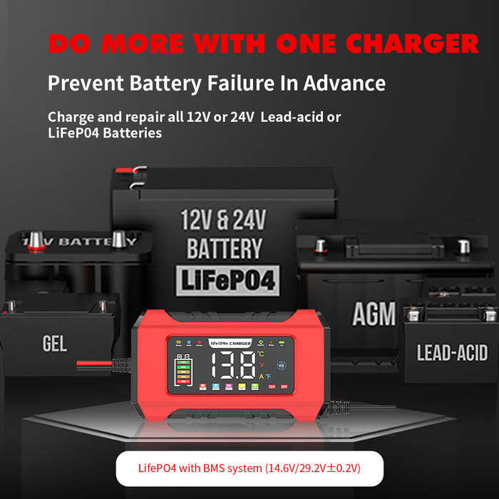Black - RJtianye 9 Stage Charging 12V 15A / 24V 8A Large Color Screen Battery Charger Trickle Charge
