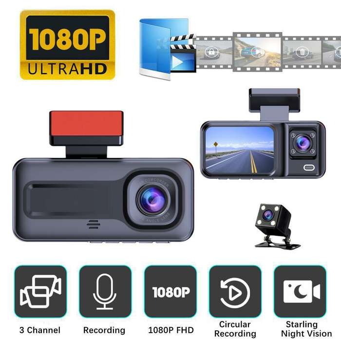 Black - Full HD 1080P Car Front Windshield DVR Camera 3 Lens Dash Cam with Infrared Night Vision Par