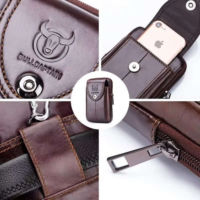 Black - BULLCAPTAIN Genuine Leather Waist Pack Mens Small Fanny Belt Bag Travel Phone Pouch Male Wor