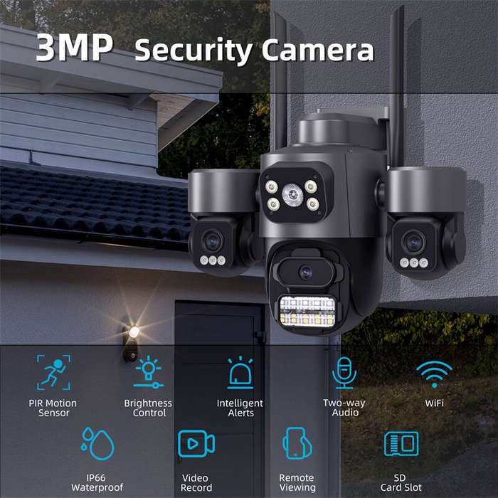 EU Plug - Guudgo 3MP 5X Zoom Triple Lens Security Camera Outdoor Wireless 360 View WiFi Cloud Storag