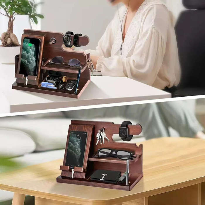 Dark Brown - Multifunctional Desktop Charging Mobile Phone Holder Wooden Phone Storage Stand Key Hol