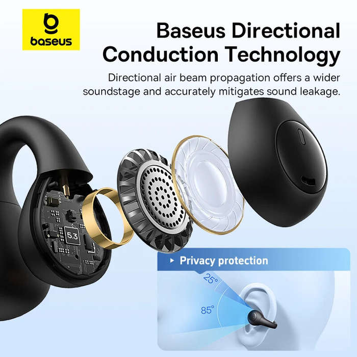 White - Baseus AirGo AS01 TWS Earclips Headset Wireless bluetooth 5.3 Earphone 10mm Drivers Bass Enh
