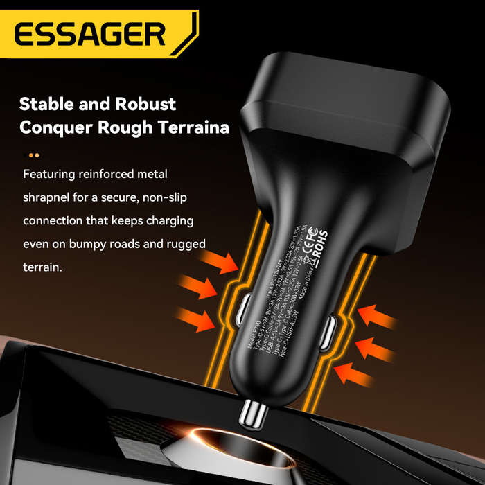 Black - ESSAGER F760 65W 3-Port USB PD Car Charger Adapter with USB-A+Type-C+Type-C Retractable Cabl