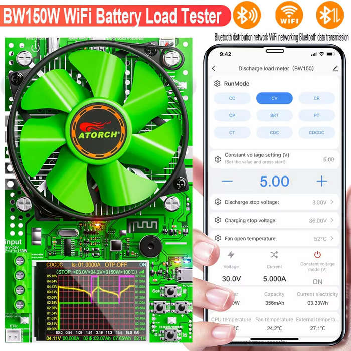 Black - BW150 WiFi Tuya App 150W 25A 4-Wires Battery Capacity Tester Meter Battery Electronic Load C