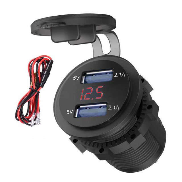 Blue - 4.2A Waterproof Car 2 Port Dual USB Charger Socket Power Outlet with LED Voltmeter for 12-24V