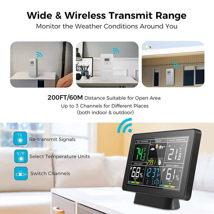 US Plug - AGSIVO Weather Station Alarm Clock Wireless Indoor Outdoor Thermometer with Atomic Clock /