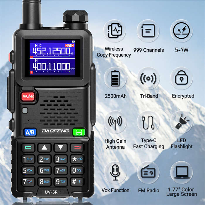 Baofeng UV-5RH 5W Tri-band EU Walkie Talkie 1.77inch Screen Large Range 2500mAh Type-C Rechargeable