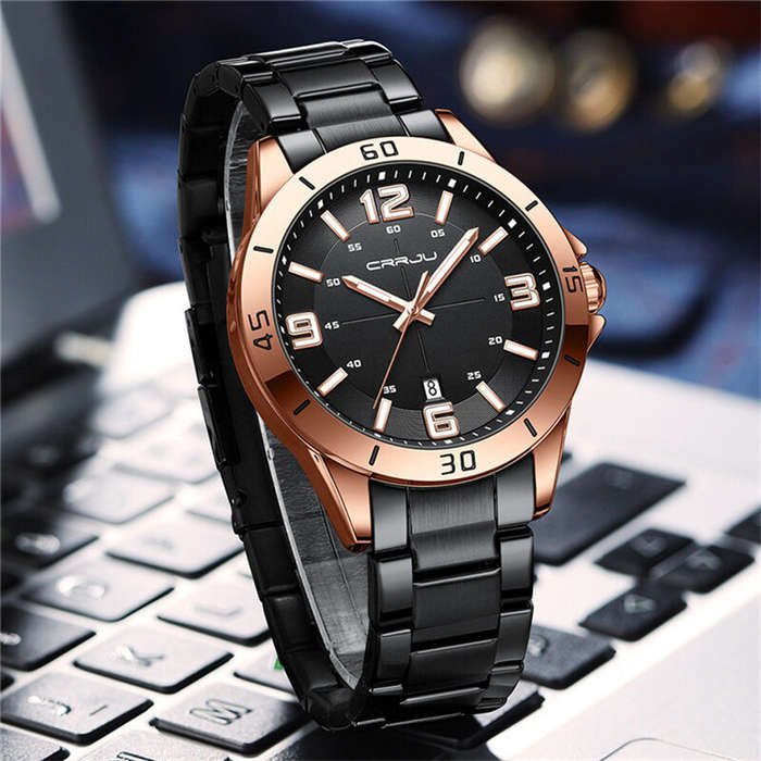Black+Gold - CRRJU Luxury Men's Business Watches Fashion Stainless Steel Quartz Watches Auto Date Lu