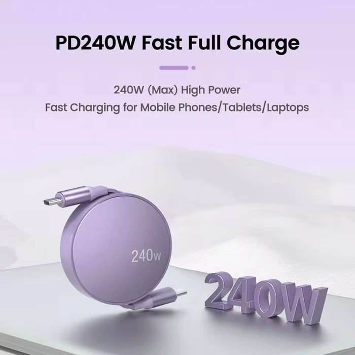 White - PD240W USB-C to USB-C Retractable Cable Fast Charging Data Transmission Thick Copper Core Li