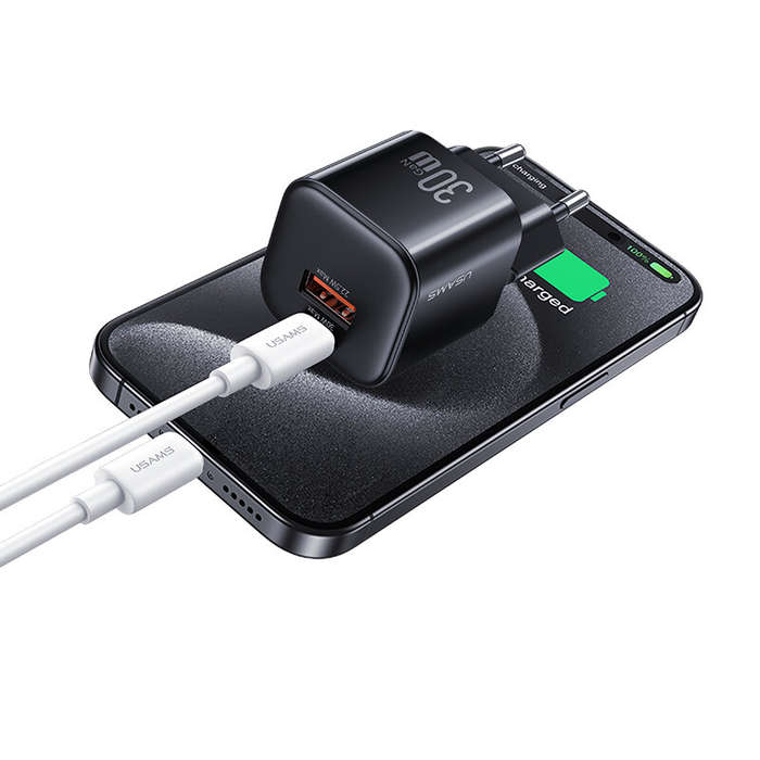 Black - [GaN Tech] USAMS CC263 30W 2-Port USB Charger USB-A+USB-C Fast Charging Wall Charger Adapter