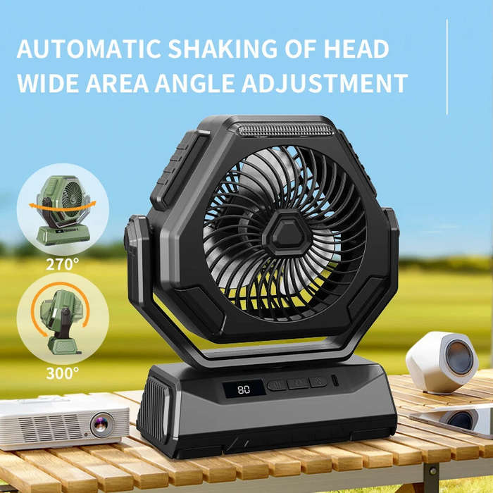 Black - 6000mAh Rechargeable Camping Fan with LED Light Portable Outdoor Ceiling Oscillating Fan Typ
