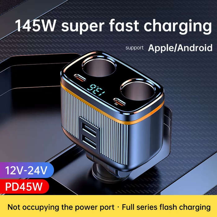 Black - 145W Car Charger Dual USB Ports Type C PD Fast Charge Adapter For Xiaomi Huawei Phone Charge