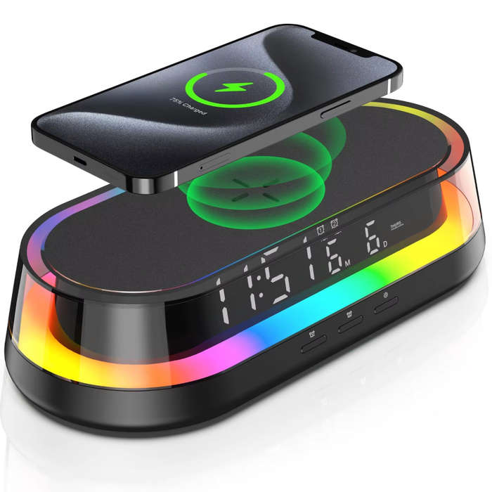 Black - 3 in 1 LED Symphony Night Lights Digital Clock Display 15W Wireless Charging Mobile Phone Ho
