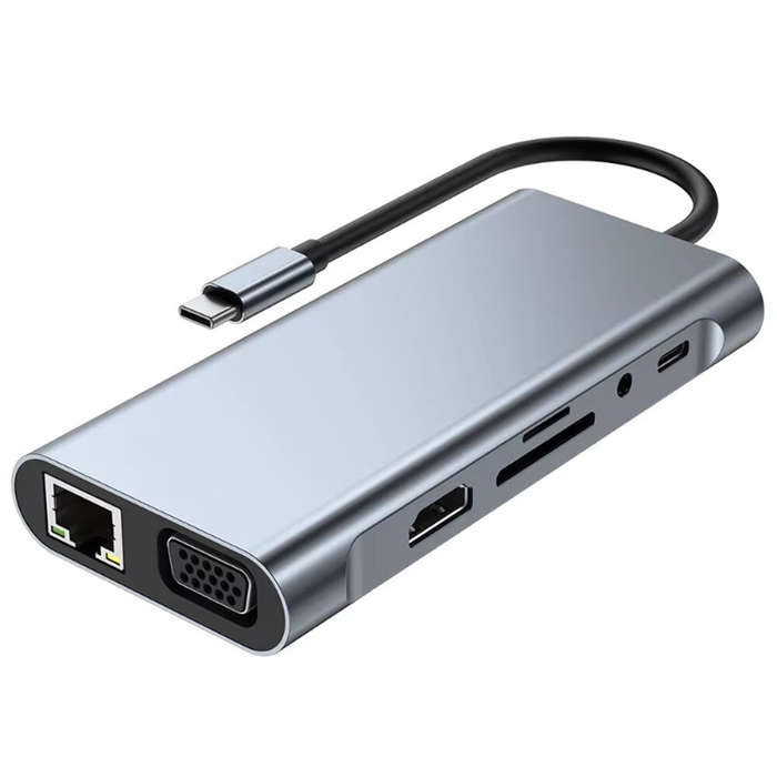 Grey - Bakeey USB-C 11 in 1 Docking Station with 4K@30Hz 1080P VGA 100W PD Charging RJ45 100M SD/TF