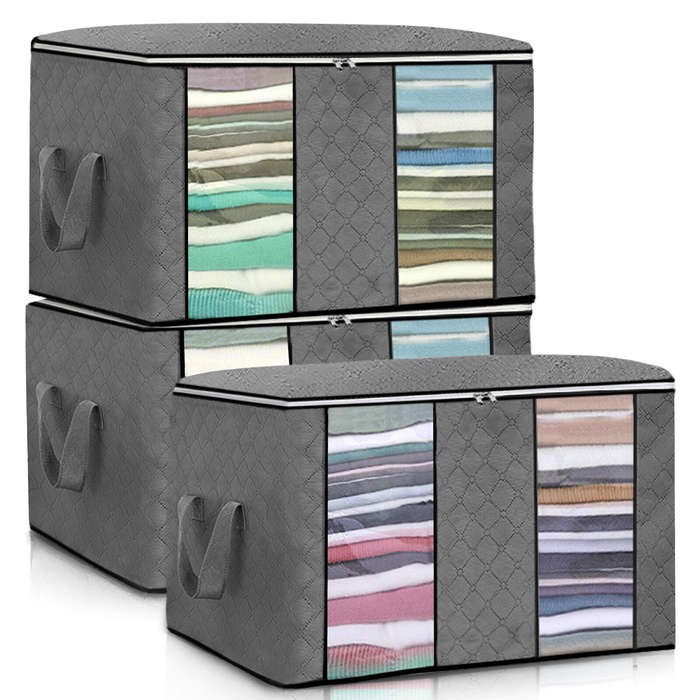 Beige - KING DO WAY 3PCS Clothes Storage Bag Non-woven Fabric Two-window Foldable Storage Bag