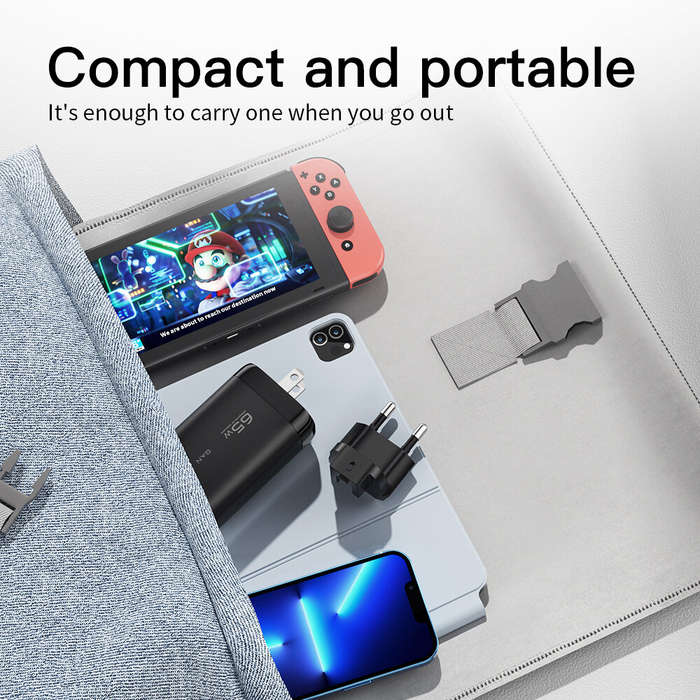 EU Plug - [GaN Tech] Essager 65W 3-Port USB PD Charger 2Type-C+USB-A PD3.0 QC3.0 Fast Charging Wall