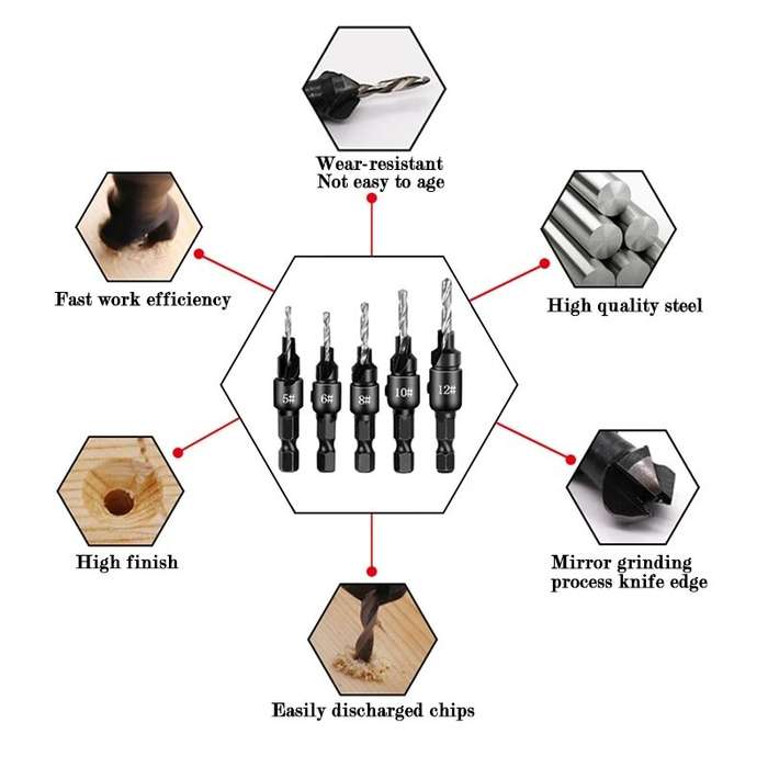 silver - 5pcs Countersink Drill Woodworking Drill Bit Set Drilling Pilot Holes For Screw Sizes #5 #6