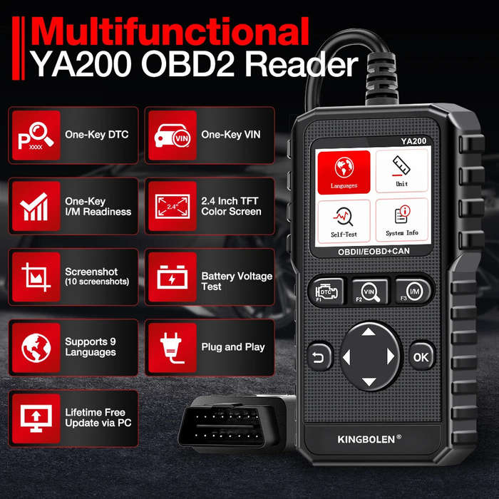 #1 - Kingbolen YA200 OBD2 Scanner Multi-Language Car Diagnostic Tool Engine Code Reader DTC Lookup V