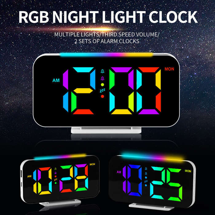 Black - RGB Clock Simple Colored Light Electronic Clock Atmosphere Light Electronic Clock Multi-Func