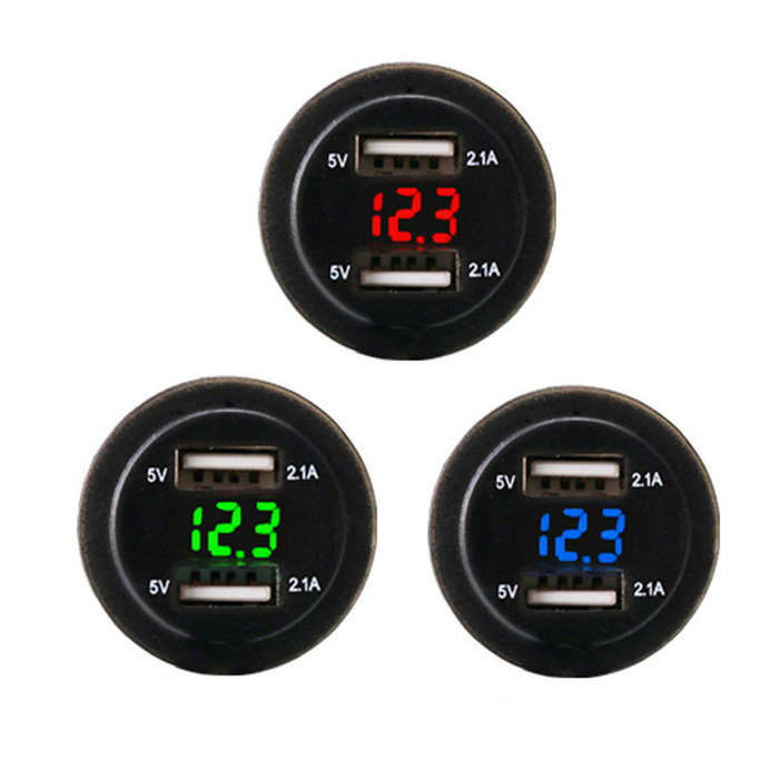 Blue - 4.2A Waterproof Car 2 Port Dual USB Charger Socket Power Outlet with LED Voltmeter for 12-24V