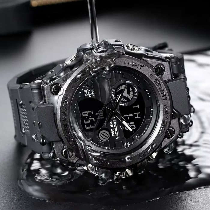 Black/Silver - SANDA Men's Sport Dual Display Watch Outdoor Waterproof Luminous Date Week Multifunct