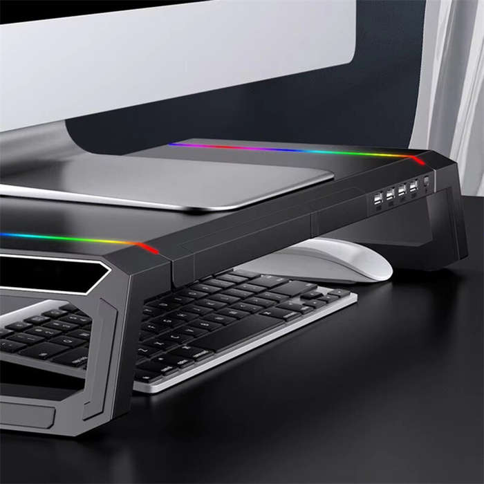 Black - T1 Laptop Monitor Stand Riser RGB Support with USB3.0+3USB2.0 Mobile Phone Holder Drawer Sto