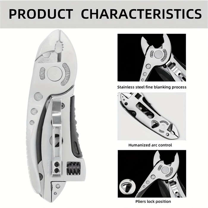Silver - 6-in-1 Stainless Steel Multitool Adjustable Wrench Screwdriver Bits Saw Blade Knife Compact
