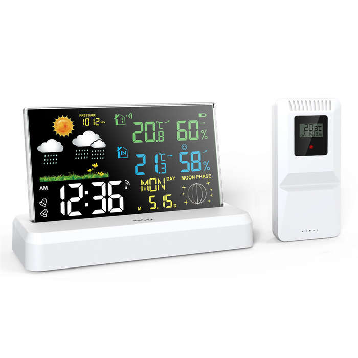 White - Wireless Indoor Outdoor Weather Station VA Color Screen Temperature Humidity Sensor 500 Feet