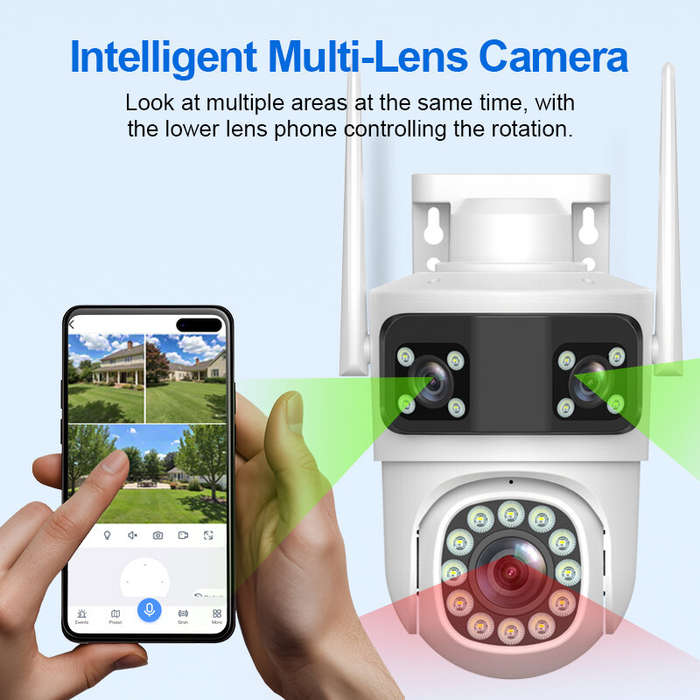 EU Plug - Guudgo Triple Lens Wireless Camera 2MP+2MP+2MP HD Outdoor Waterproof Surveillance Home Cam