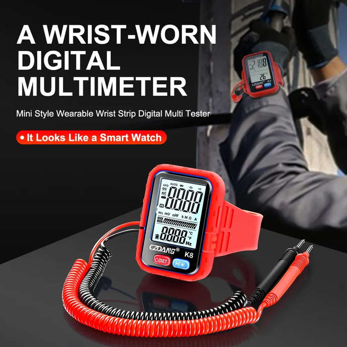 Red - Mini Digital Multimeter Wrist-Worn 6000 Counts Auto-Ranging High Precision 300V AC/DC Recharge