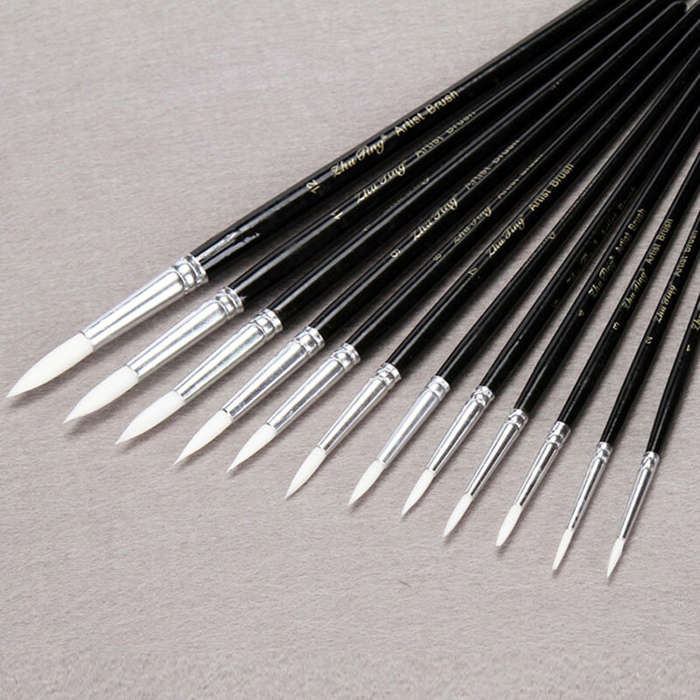 12 Pcs/Lot Paint Brush Different Size Black Short Rod White Nylon Hair Oil Painting Brushes Watercol