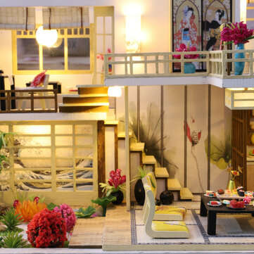 Wooden Crafts DIY Handmade Assembly 3D Doll House Miniature Furniture Kit with LED Light Toy for Kid