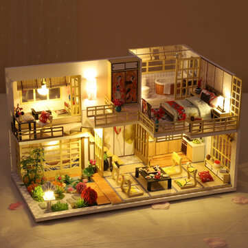Wooden Crafts DIY Handmade Assembly 3D Doll House Miniature Furniture Kit with LED Light Toy for Kid