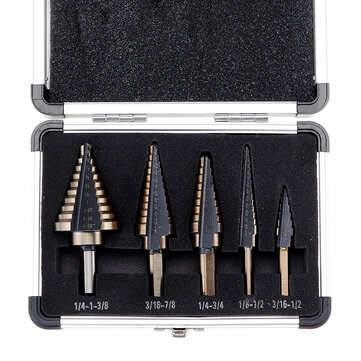 Drillpro 5pcs HSS Step Drill Bit Set Hole Cutter Drilling Tool Multiple Hole 50 Sizes with Aluminum