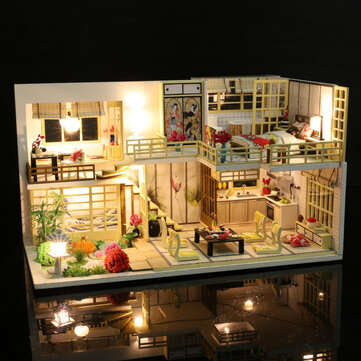 Wooden Crafts DIY Handmade Assembly 3D Doll House Miniature Furniture Kit with LED Light Toy for Kid
