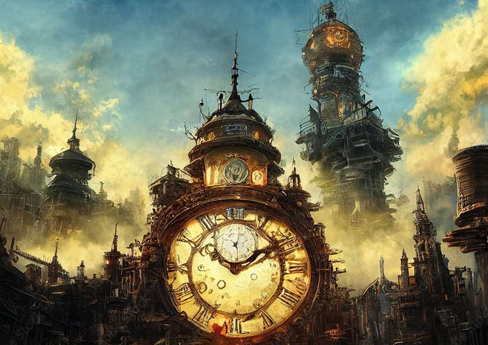 Fantasy Architecture a Ancient Clock Tower in Steampunk City