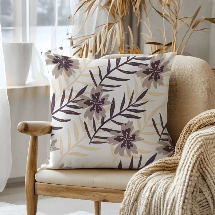 Grey Tropical Leaves Throw Pillow