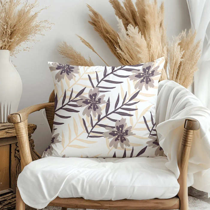 Grey Tropical Leaves Throw Pillow