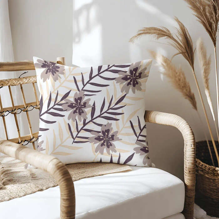 Grey Tropical Leaves Throw Pillow