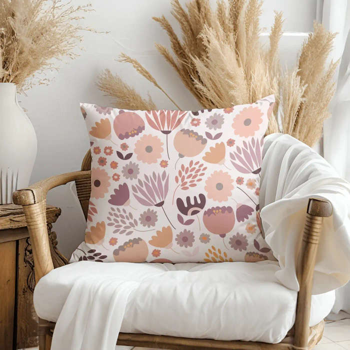 Pink Floral Boho Style Throw Pillow