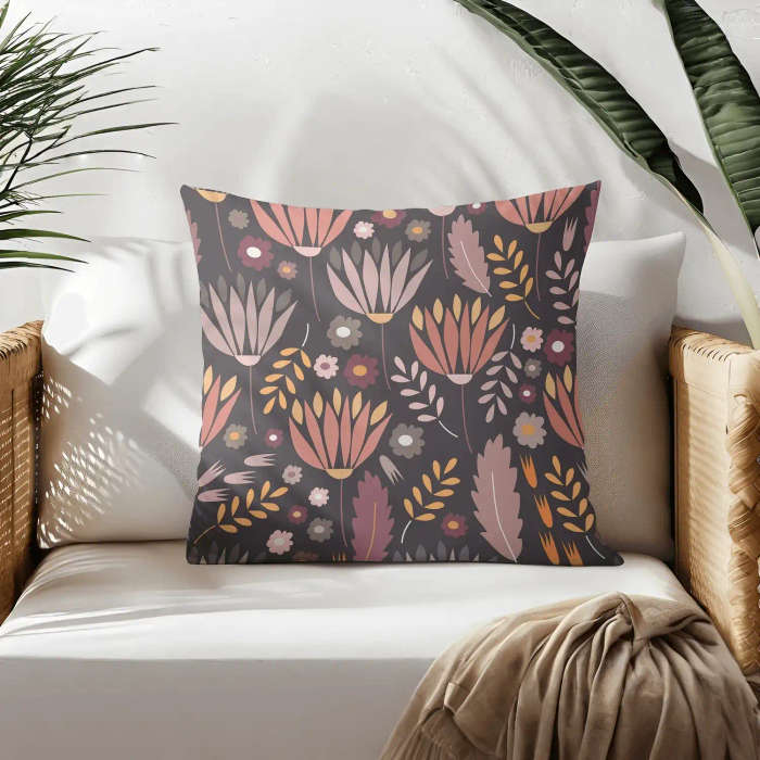 Dark Floral Boho Style Throw Pillow